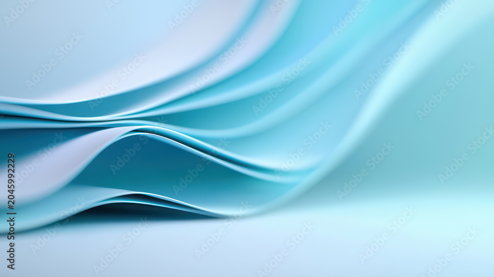 Naklejka premium Soft blue waves of smooth paper create serene and calming atmosphere, showcasing gentle curves and subtle gradients