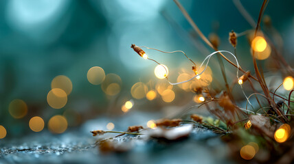 Twinkling Fairy Lights and Dew on Dry Grass Stems