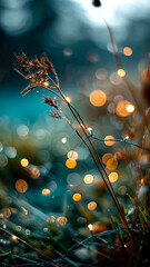 Close-up of Grass with Dew Drops and Glowing Fairy Lights