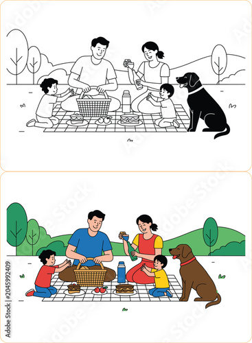 Coloring page vector illustration of a loving family having an outdoor picnic with their brown labrador dog