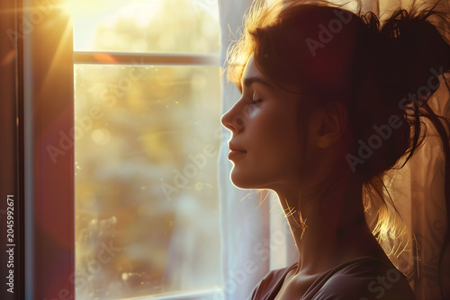 A horizontal shot of a beautiful young woman with her eyes closed, standing by a window and feeling the warm morning sunlight on her face, creating a serene, peaceful, and reflective home atmosphere