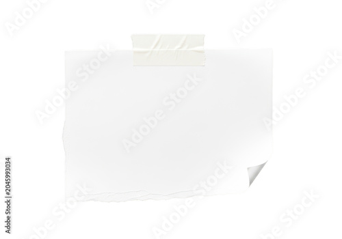 Torn white paper note attached with masking tape on transparent background isolated object for design collage or announcement graphic.