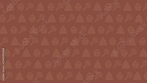 Fotografie Seamless pattern background of hand-drawn bakery doodles including cupcakes, birthday cakes, and lollipops on a brown backdrop