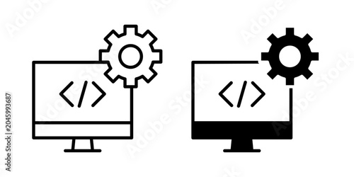 Software development icon in outline and solid style, isolated on white background. Ideal for coding, engineering, and tech product building features in mobile and web design