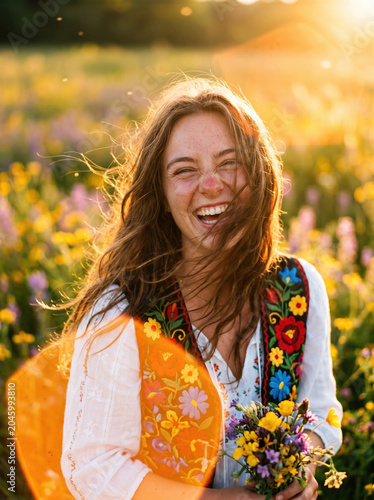 Happy Woman In Sunflower Field