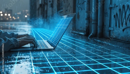 Person typing on laptop in futuristic digital forest