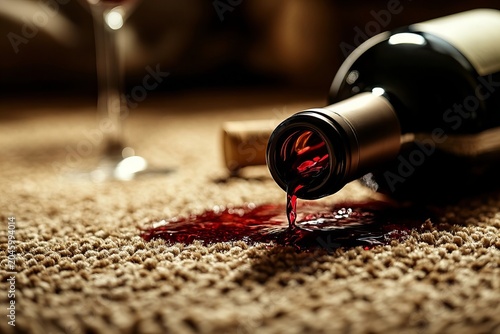 Close-up of red wine spill on carpet