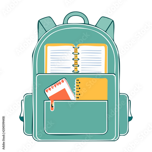 Teal backpack with notebooks, flat design illustration