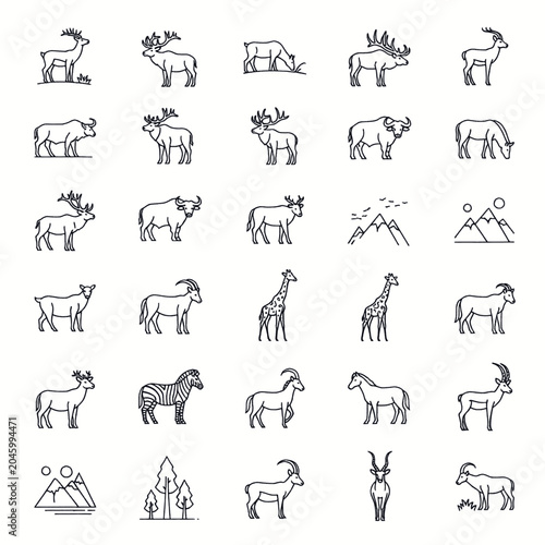 Photography Collection of various wild animals and natural elements depicted in a clean, minimalist line art style