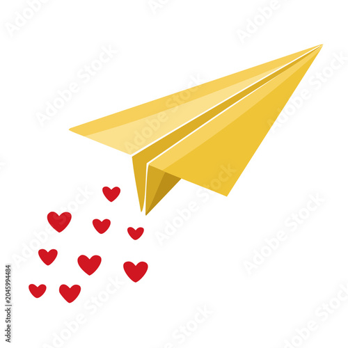 Yellow paper airplane flying with red hearts
