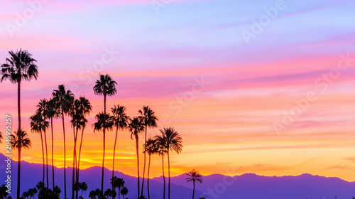 Vibrant sunset with colorful hues illuminating sky, silhouetted palm trees create tropical atmosphere against mountains