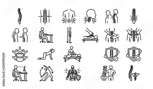 Foto Chiropractic spine health and posture correction outline icon set with back pain
