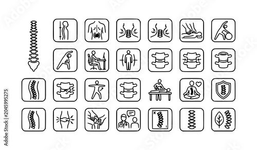 Spine care and chiropractic treatment outline icons with posture and back pain pictograms vector set