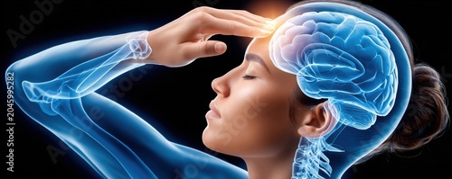 Medical concept of brain pain and headache in a transparent x-ray style portrait of a woman
