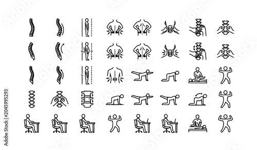 Back pain posture and chiropractic spine health editable outline icons vector collection