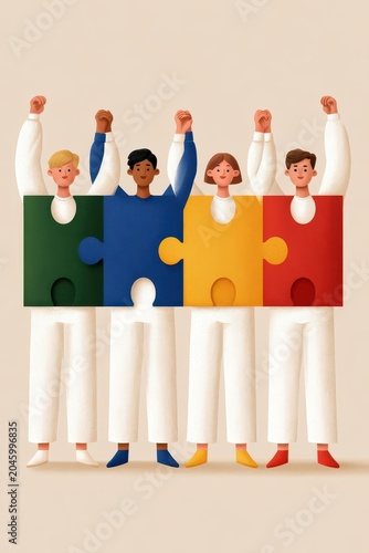 Four diverse teammates united as colorful puzzle pieces celebrating teamwork and collaboration