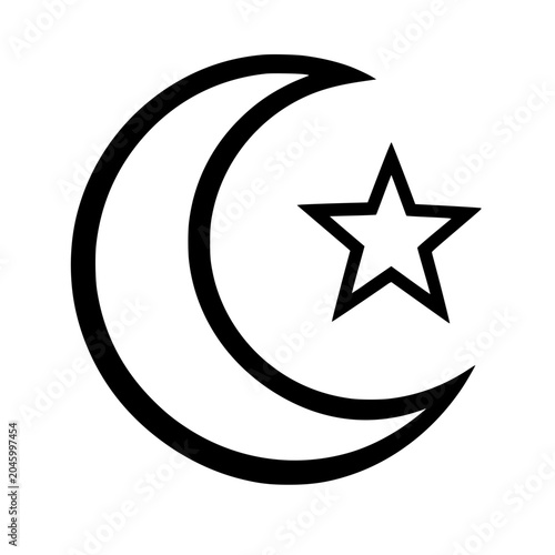 Black outline icon of a crescent moon and star, isolated on a transparent background. Perfect for Ramadan and Eid.