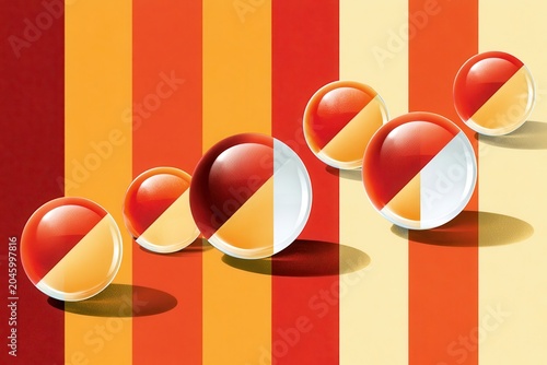Retro glass marbles on bold red and orange striped background with dramatic shadows and composition