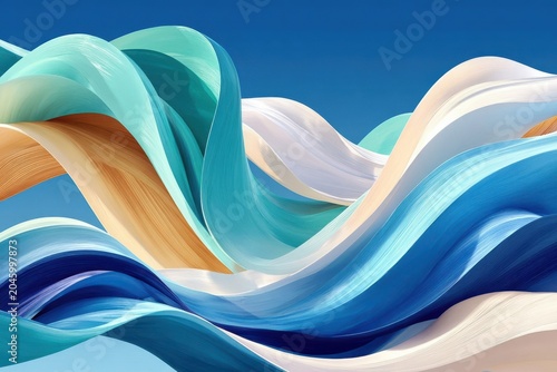 Abstract flowing ribbons and waves in blue and teal, colorful fluid art with glossy motion