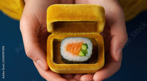 Top down view of hands holding a premium yellow velvet gift box with a single sushi roll inside. Luxury restaurant food delivery and culinary art concept