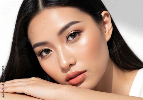 Closeup portrait of a beautiful young asian woman with glowing skin