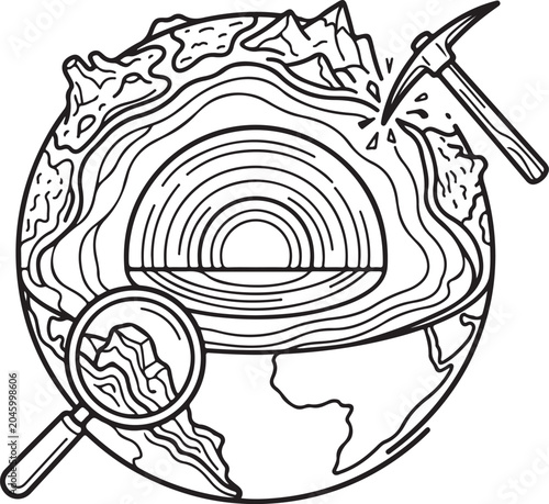 Geology icon featuring planet earth cross section with mountain peak and pickaxe, geography