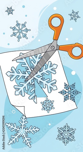 Winter scissors cut snowflake paper craft.