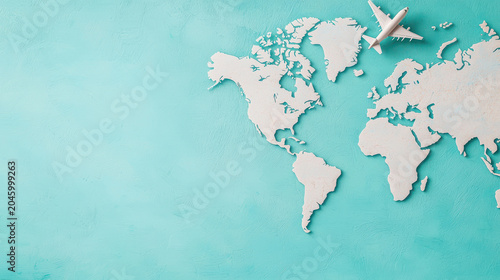 World map airplane travel adventure exploration geography blue background paper cutout global travel wanderlust