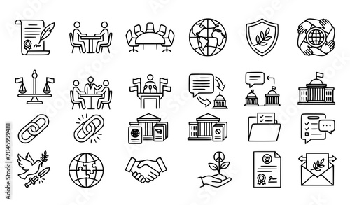 Obraz na płótnie Peace Treaty and Diplomatic Affairs Line Icons Set With Parliament Summit Negoti