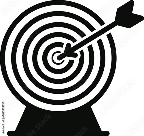 Simple black and white target with arrow hitting the bullseye isolated on white background