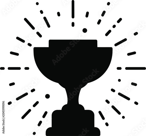 Stylized black trophy icon with radiating lines and dots symbolizing achievement and success isolated on white background