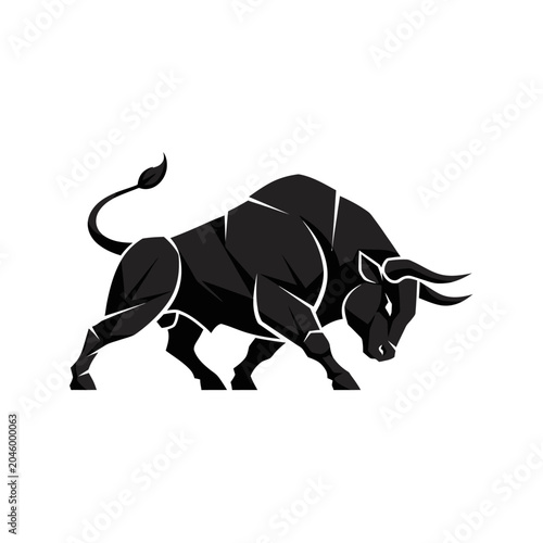 Schilderij op canvas Artistic black geometric illustration of a charging buffalo with flowing horns