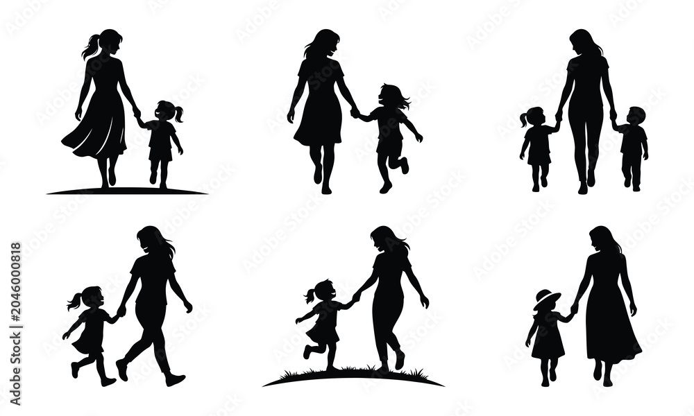 Fototapeta premium Mother and Child Holding Hands Silhouette pack designs vector illustration