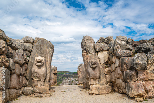 Architectural view of the famous stone-carved Lion Gate at the ancient ruins of Hattusa. The monumental gate represents the master masonry and artistic achievements of the Hittite civilization in Anat