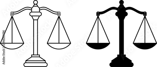 Scales of justice icon set.Legal balance symbol.Law and judiciary theme. vector illustration in outline and silhouette