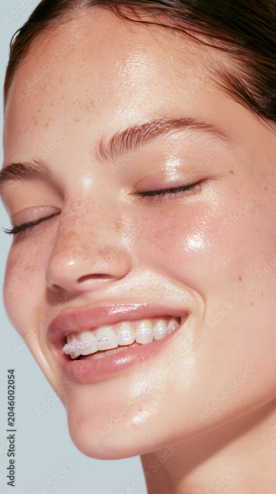 Fototapeta premium luxury dental skincare portrait with metallic braces, beauty woman smiling with orthodontic braces in studio, glamorous female portrait with braces and glossy lips on pastel background