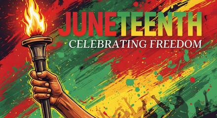 Hand holding torch celebrating freedom and African American heritage with vibrant Juneteenth poster background