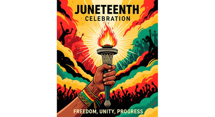 Vibrant Juneteenth Celebration Poster with Torch and Crowd