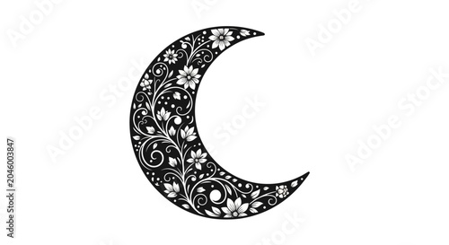 Black and white floral moon silhouette illustration.