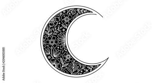 Crescent Moon Illustration with Intricate Floral Botanical Patterns.