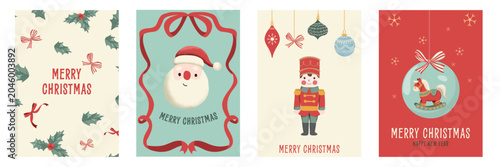 Christmas greeting cards vector set, cute retro holiday templates with Santa, Christmas tree and wreath Christmas. vector illustration