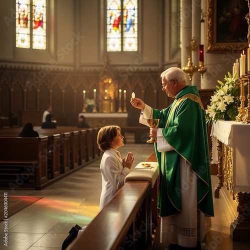 Religious ceremony with priest and child inside a place of worship