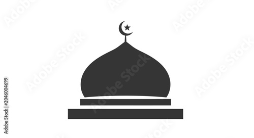 Minimalist black mosque dome icon with crescent moon and star.