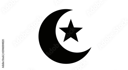 Black crescent moon and star symbol isolated on white background.
