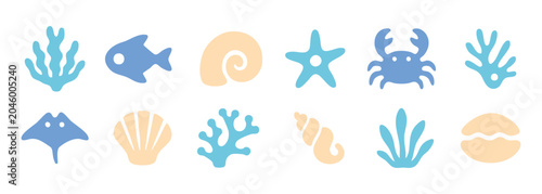 Minimal Ocean Elements Collection With Fish Crab Starfish Coral Shells And Seaweed Marine Life Icons In Flat Cartoon Style
