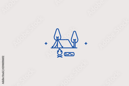 Tableau sur toile Camping tent near campfire and pine trees line icon for wilderness survival for forest tourism portals