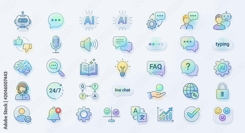 Obraz premium Sleek vector glassmorphism icon collection representing artificial intelligence, virtual chatbot communication, and responsive digital customer support