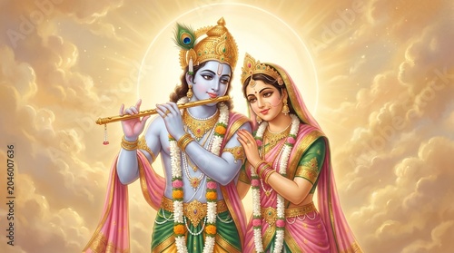 Radha Krishna Standing Together with Flute in Golden and Pink Divine Aura