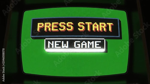 Video game console displays a retro menu screen for players to start play.