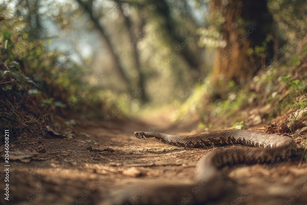 Fototapeta premium viper snake crossing a narrow forest path